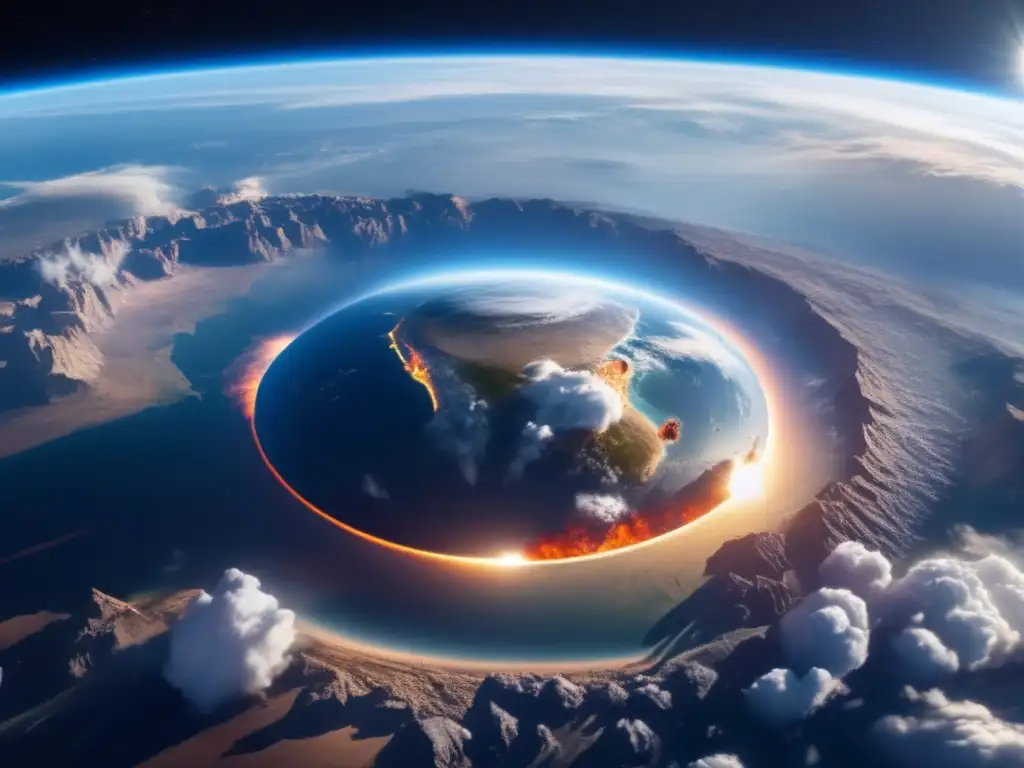 Vista panorámica de la Tierra desde el espacio, con asteroide en camino Vista panorámica 8k de la Tierra desde el espacio, con asteroide en ruta - Estrategias defensa global asteroides