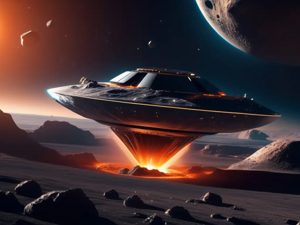 Nave espacial futurista sobre asteroide Composición visual: nave espacial futurista explorando asteroide - Exploración de asteroides prometedoras